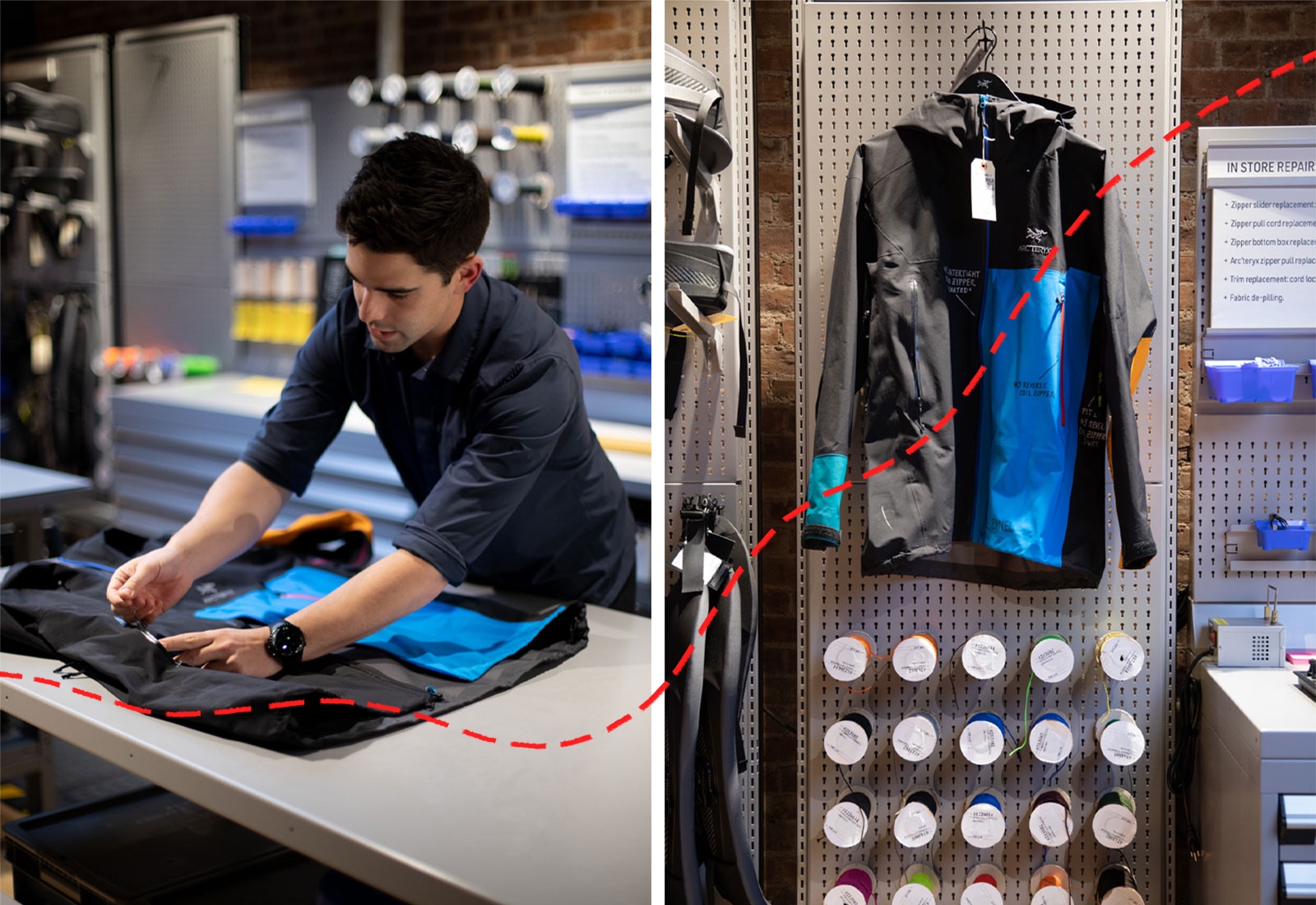 Left: man mending jacket on table; right: mended jacket on hanger above spools of thread