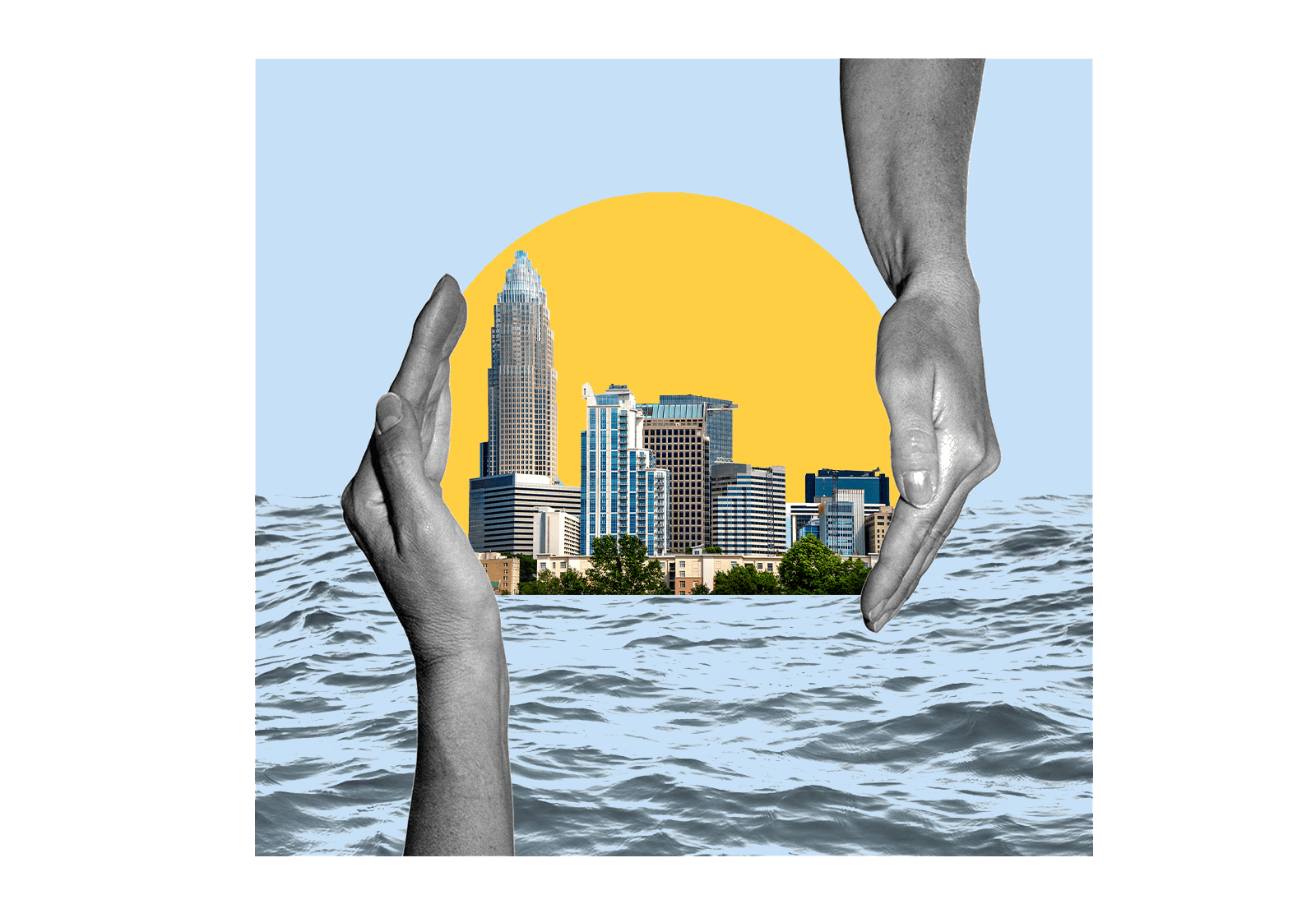 Hands protecting a city surrounded by water