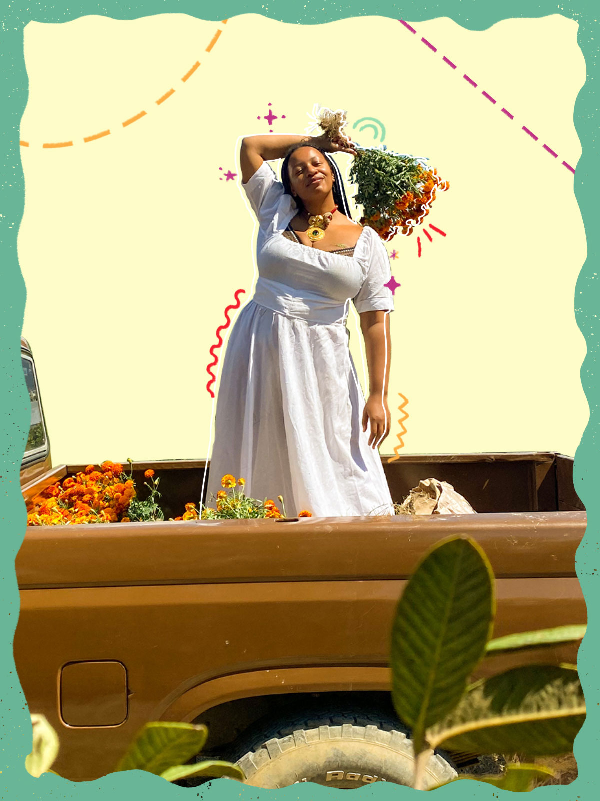 Woman holding bouquet standing in pickup truck bed with drawn graphics around her