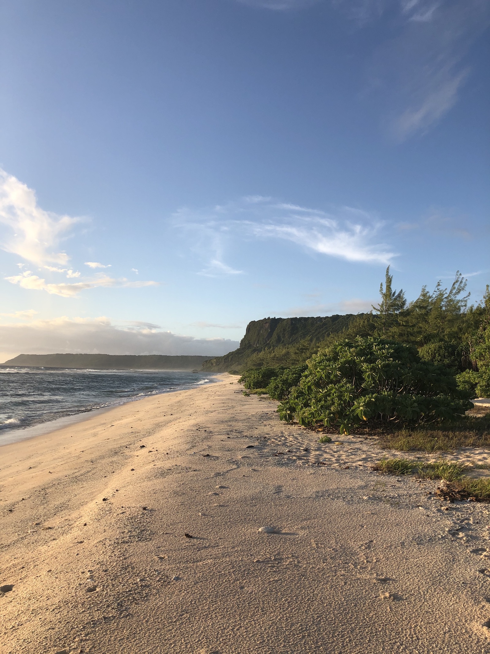 Sandy beach with green cliffs in the distance