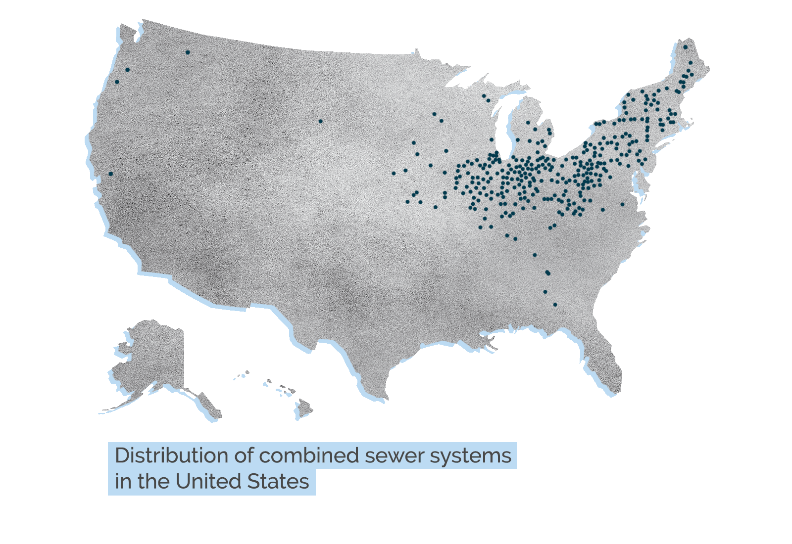 gray map of United States with dark blue dots representing combined sewer system locations