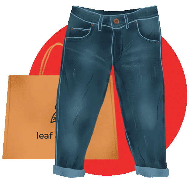 illustration: baggy dark blue jeans with brown shopping bag and red circle behind