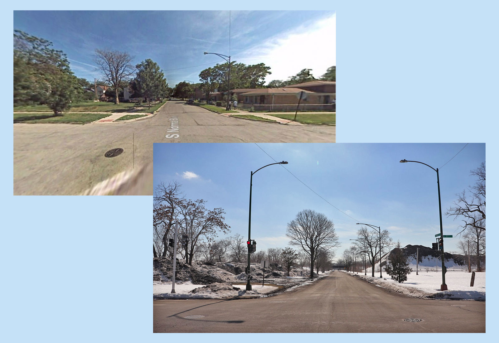 same street side by side from different years, one with trees and houses and other with no buildings