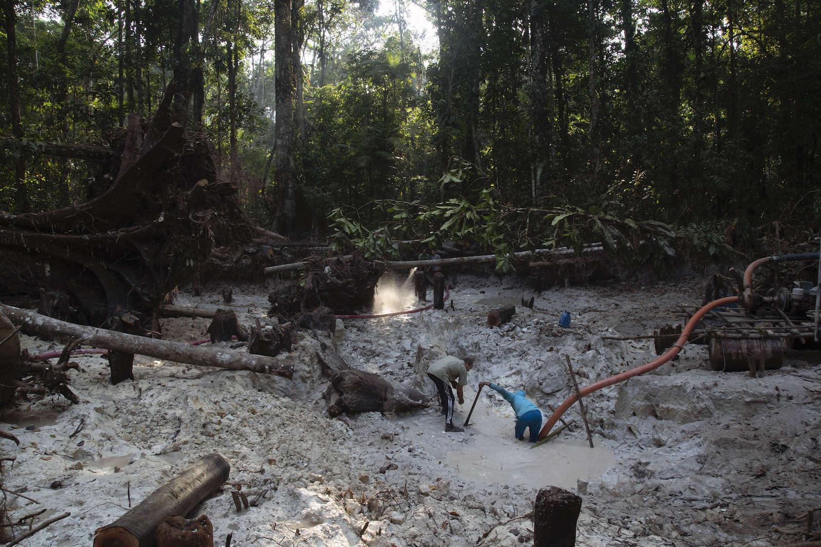 Miners working in dirt and mud in rainforest clearing