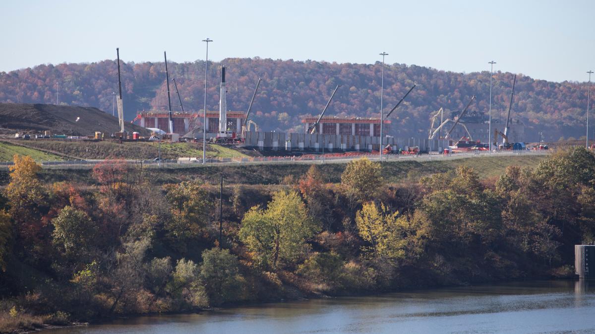 A view of Shell Chemical's new multi billion-dollar ethane cracker plant processing plant across the Allegheny River can be seen under construction October 27, 2017 in Monaca, Pennsylvania.