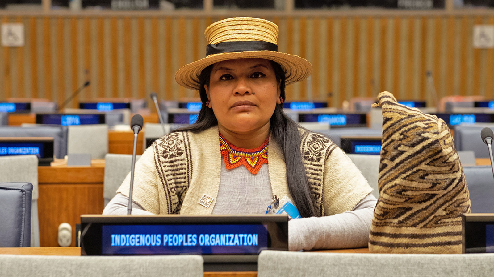 Maria Violet Medina Quiscue, an Indigenous woman of the Pueblo Nasa in Colombia, looks directly at the camera. She is seated at a table with a microphone and a sign reading Indigenous Peoples Organization