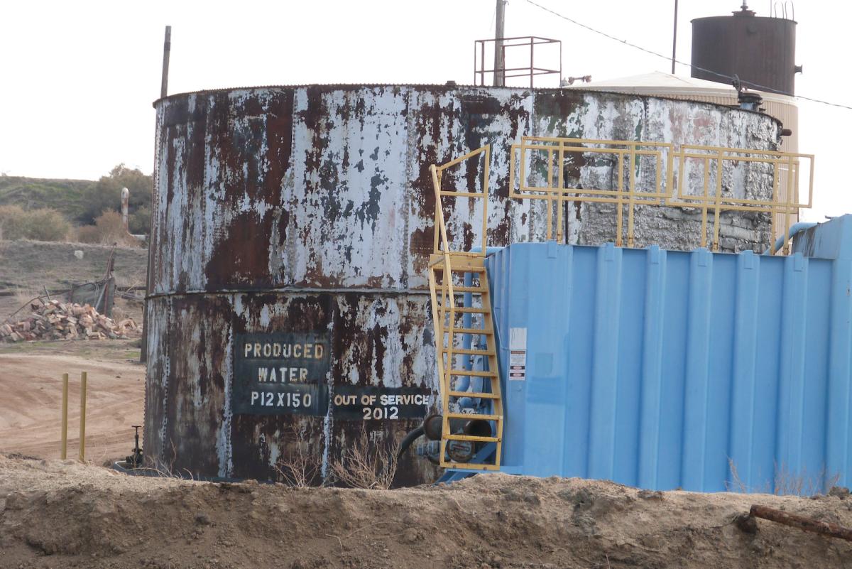 A tank of produced water used for farming. For decades, Kern County has used oil field wastewater, known as 