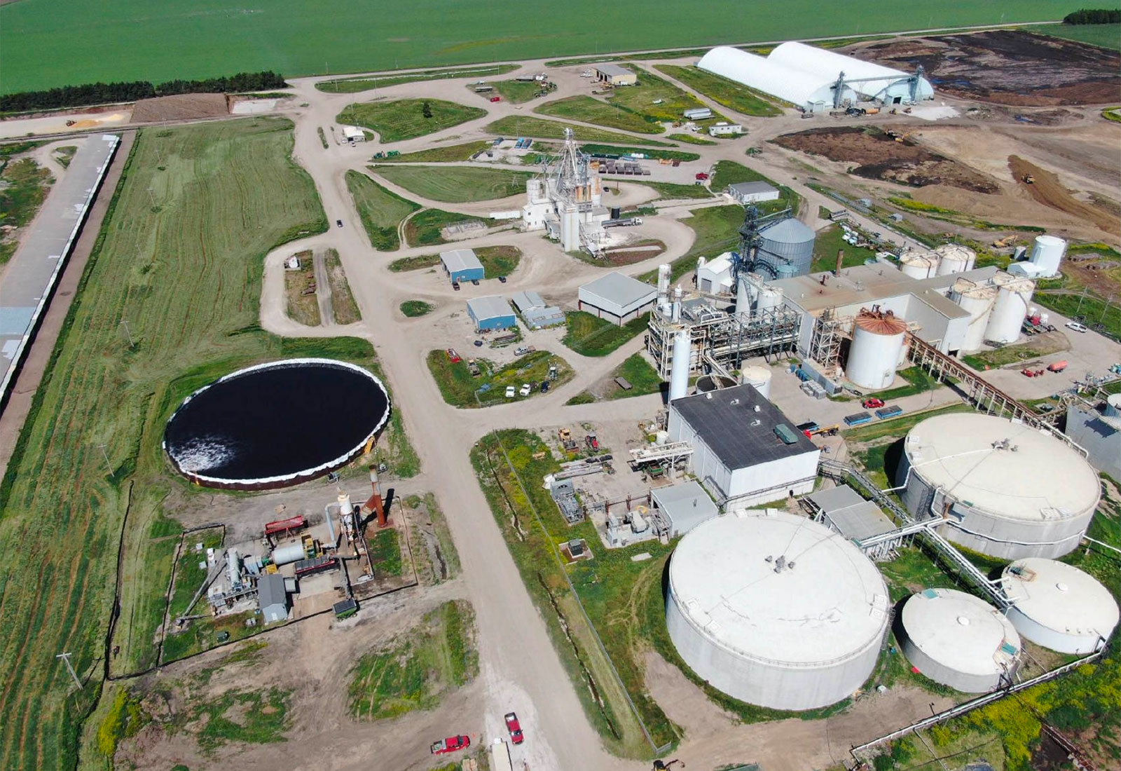 Aerial view of sprawling ethanol plant showing multiple structures