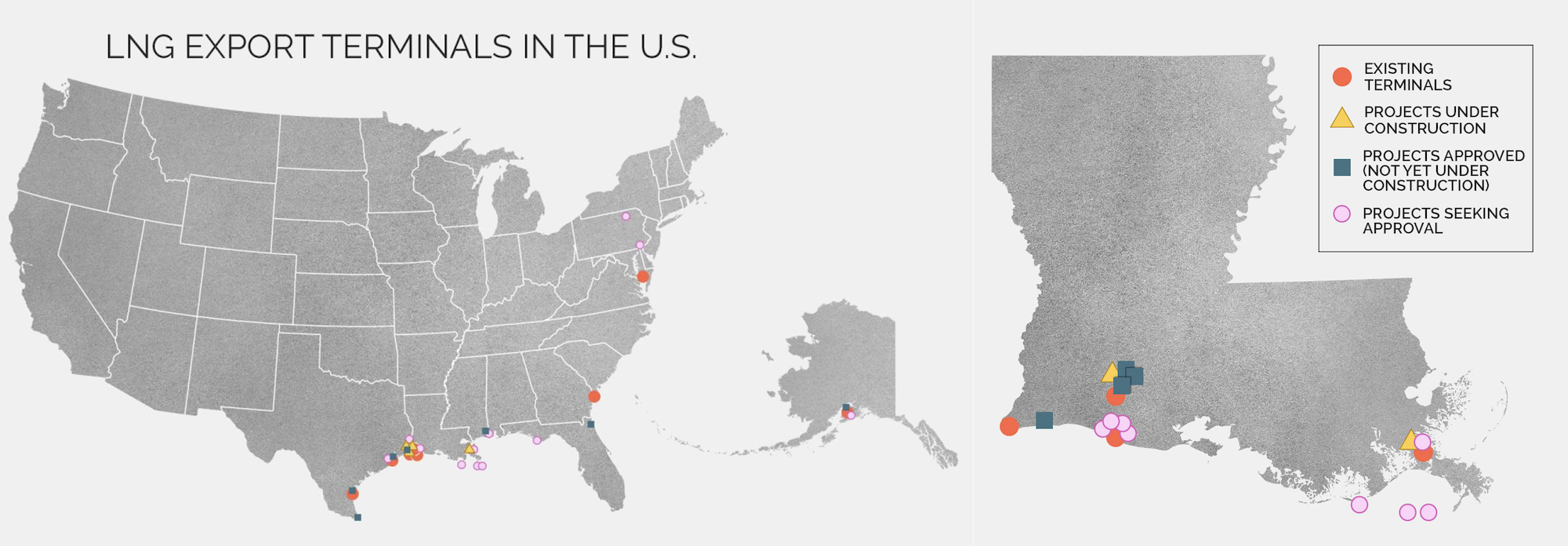 map of the United States state showing locations of existing, under construction, pending, and proposed liquefied natural gas terminals