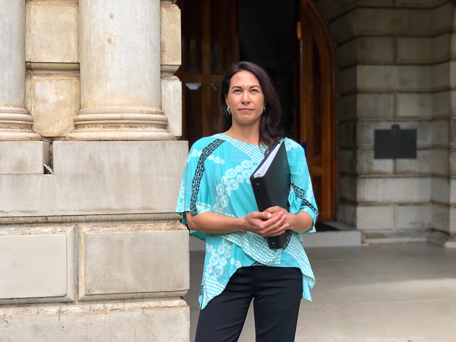 a woman holding a binder stands in front of a court house