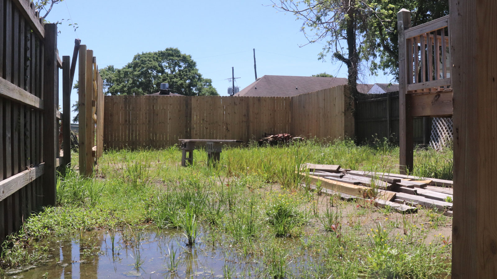 A saturated backyard with water pooling in the grass