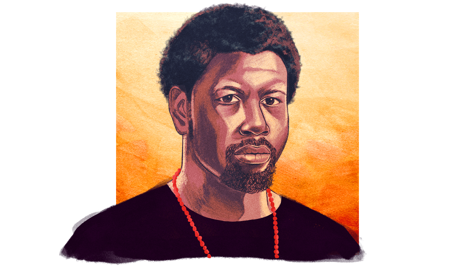 Illustrated portrait of a Black man in his thirties with a small afro, goatee, red beaded necklace and black shirt; a square of orange watercolor brushstrokes is behind him