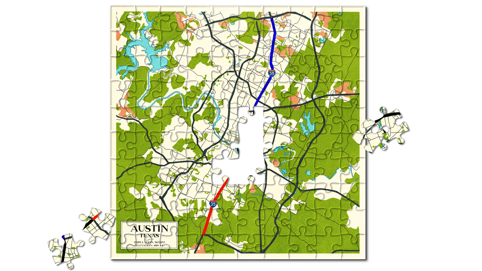 Illustrated puzzle with map of Austin, Texas, on it, with four pieces missing from the middle