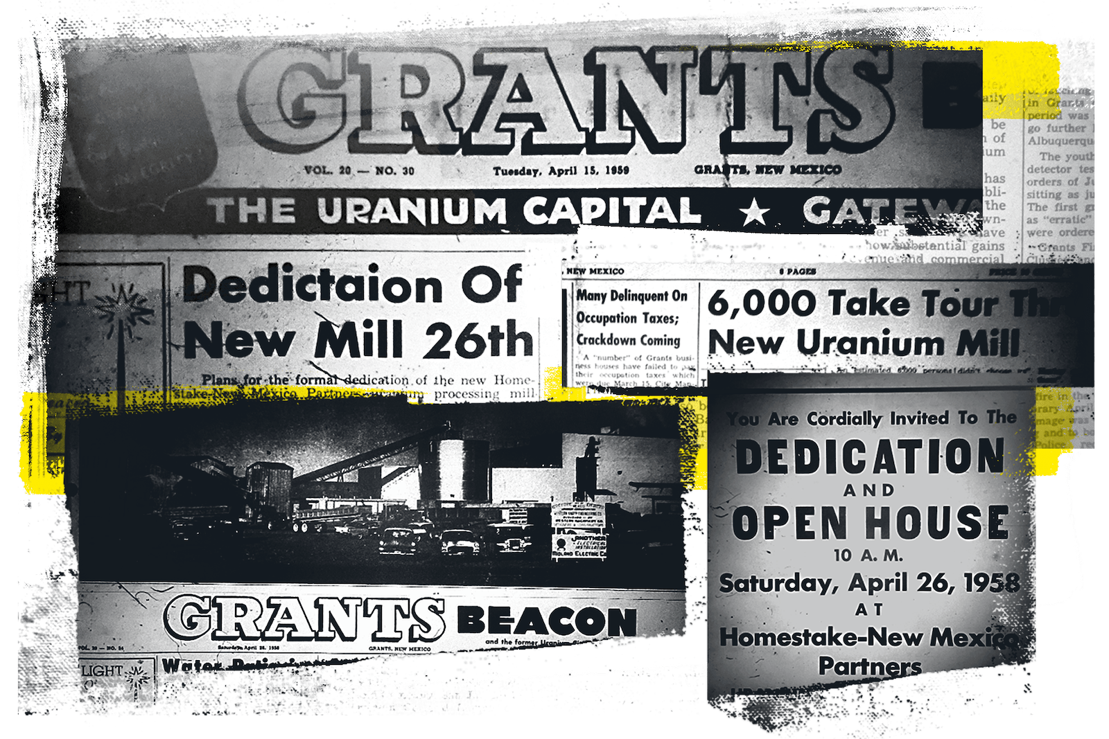 A collage of newspaper headlines from 1959 about uranium mines in New Mexico.