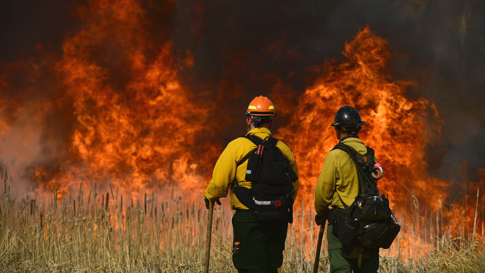 two firefighters stand looking at a huge red blaze