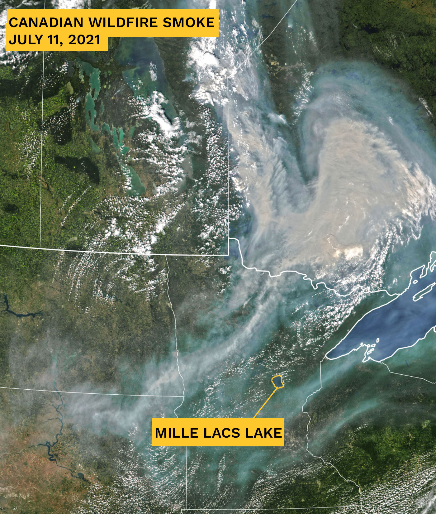 a map of the midwest with thick, gray clouds of smoke floating over parts of the Midwest