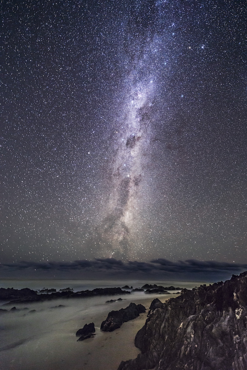 dark streaks in the night sky above a coastal shore