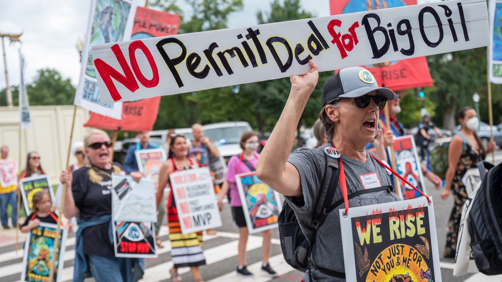 Connie Fitzsimmons of Blacksburg, VA, demonstrates with Appalachian and Indigenous climate advocates against the Mountain Valley Pipeline project approved as part of the Inflation Reduction Act in Washington, DC on September 08, 2022.