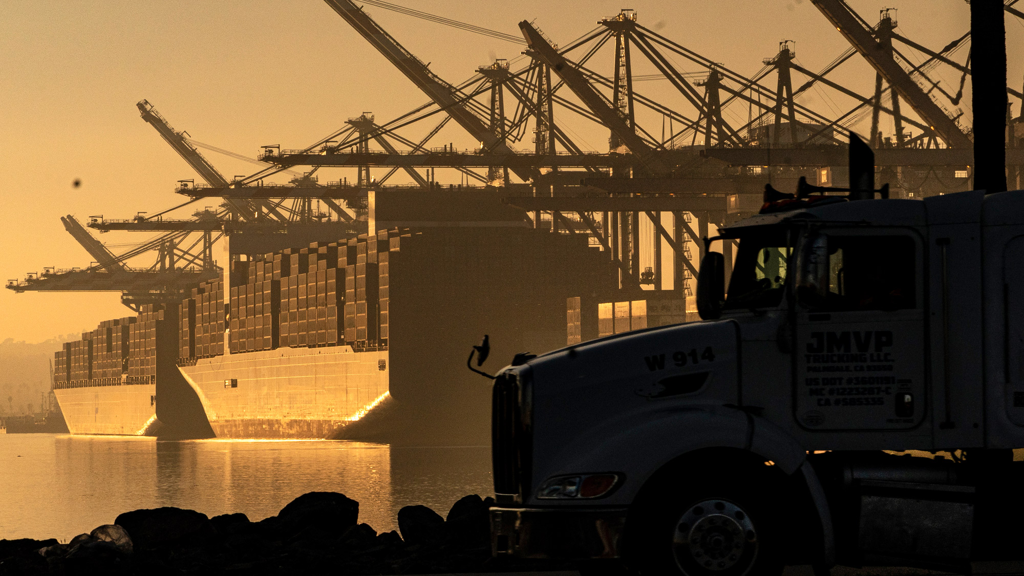 Shipping container vessels moored at Maersk APM Terminals Pacific at the Port of Los Angeles