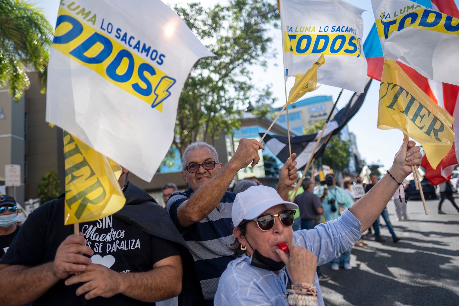 a group of people holding flags saying Luma lo sacamos todos