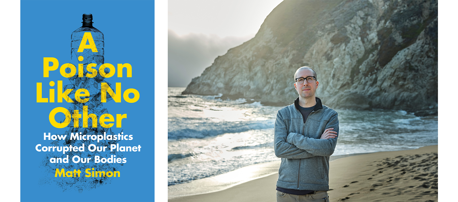 A Poison Like No Other cover photo next to a photo of author Matt Simon on a beach