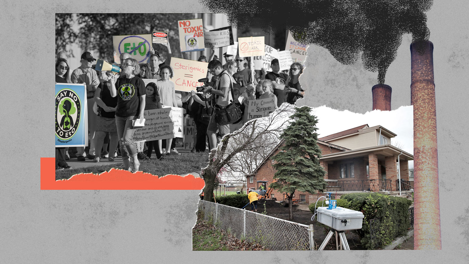 Collage: people protesting poor air quality; a house with an air monitor in the yard; smokestacks with hand drawn smoke