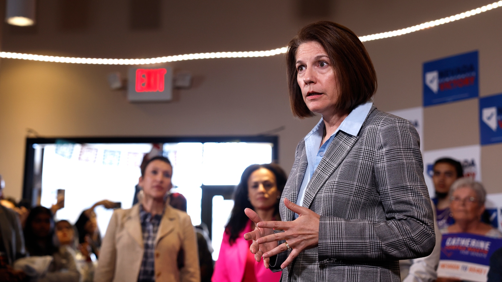 U.S. Senator Catherine Cortez Masto, Democrat of Nevada, speaks to volunteers at a campaign office.