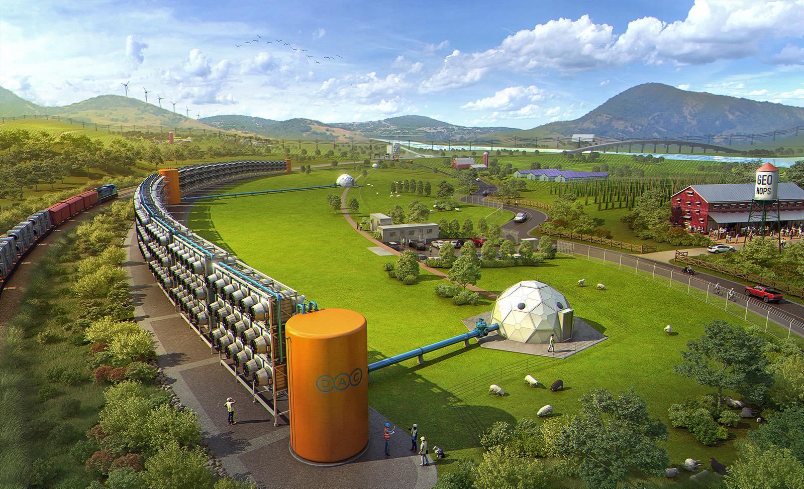 Direct air capture machines wind around a green field in a rural area. They are connected to white geometric domes via blue pipelines.