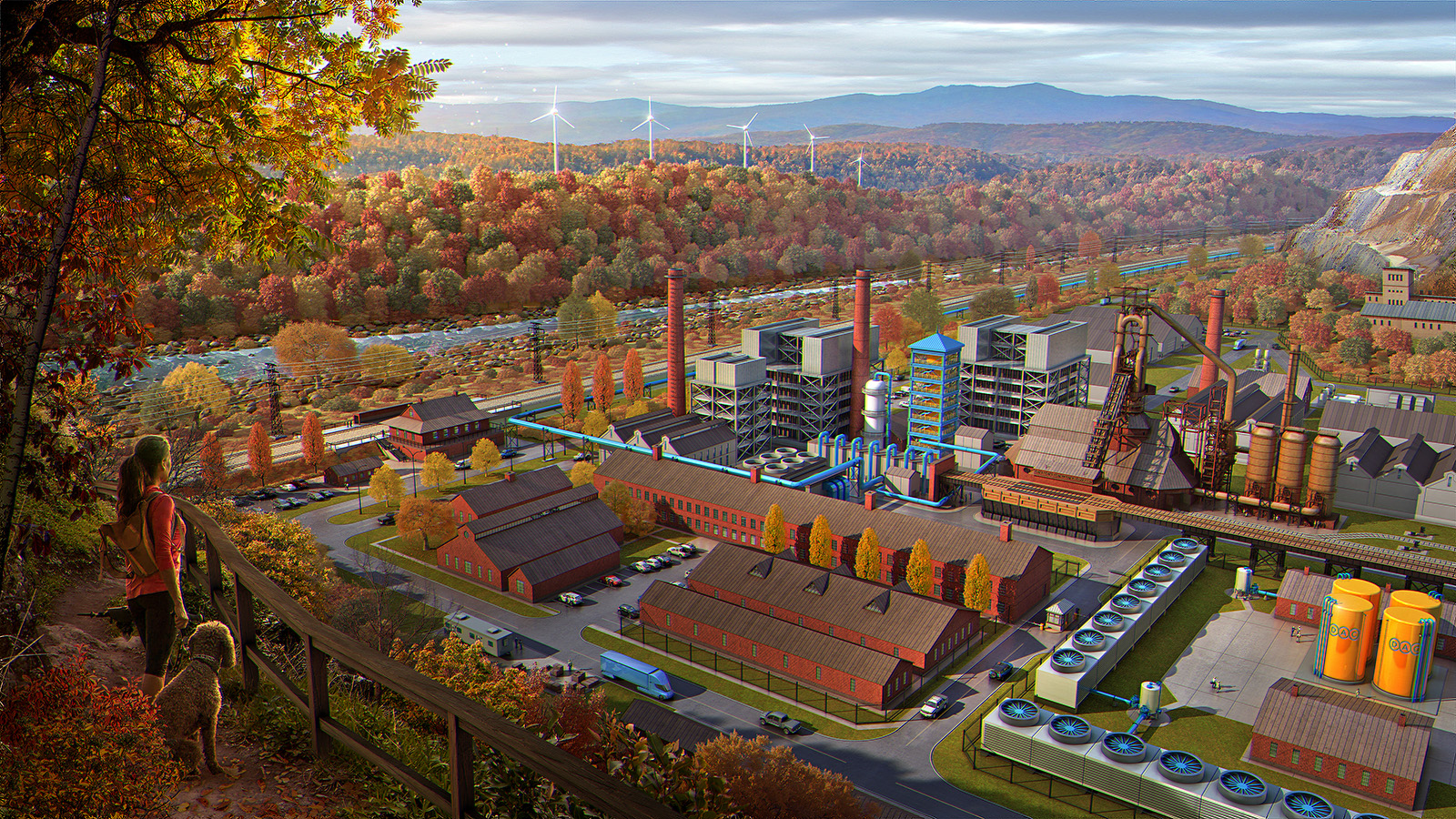 An aerial view of a steelmaking plant in rural Pennsylvania with mountains, trees, and wind turbines in the background. A carbon capture facility highlighted in blue sits in the middle of the plant.