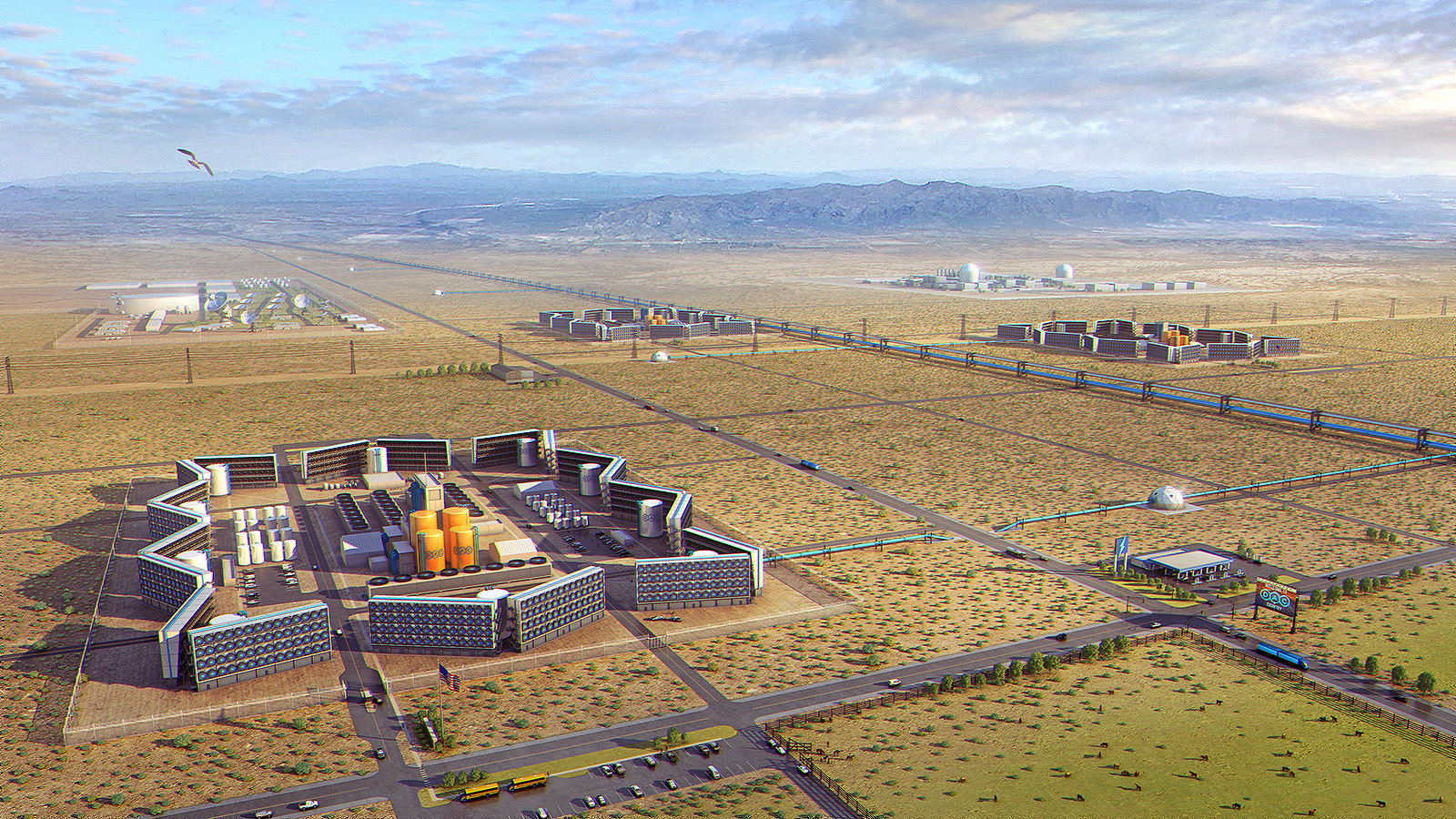 Aerial view of a desert in the U.S. west with three clusters of large direct air capture plants and a blue pipeline carrying the captured carbon dioxide to underground storage sites. A nuclear plant is in the distance.