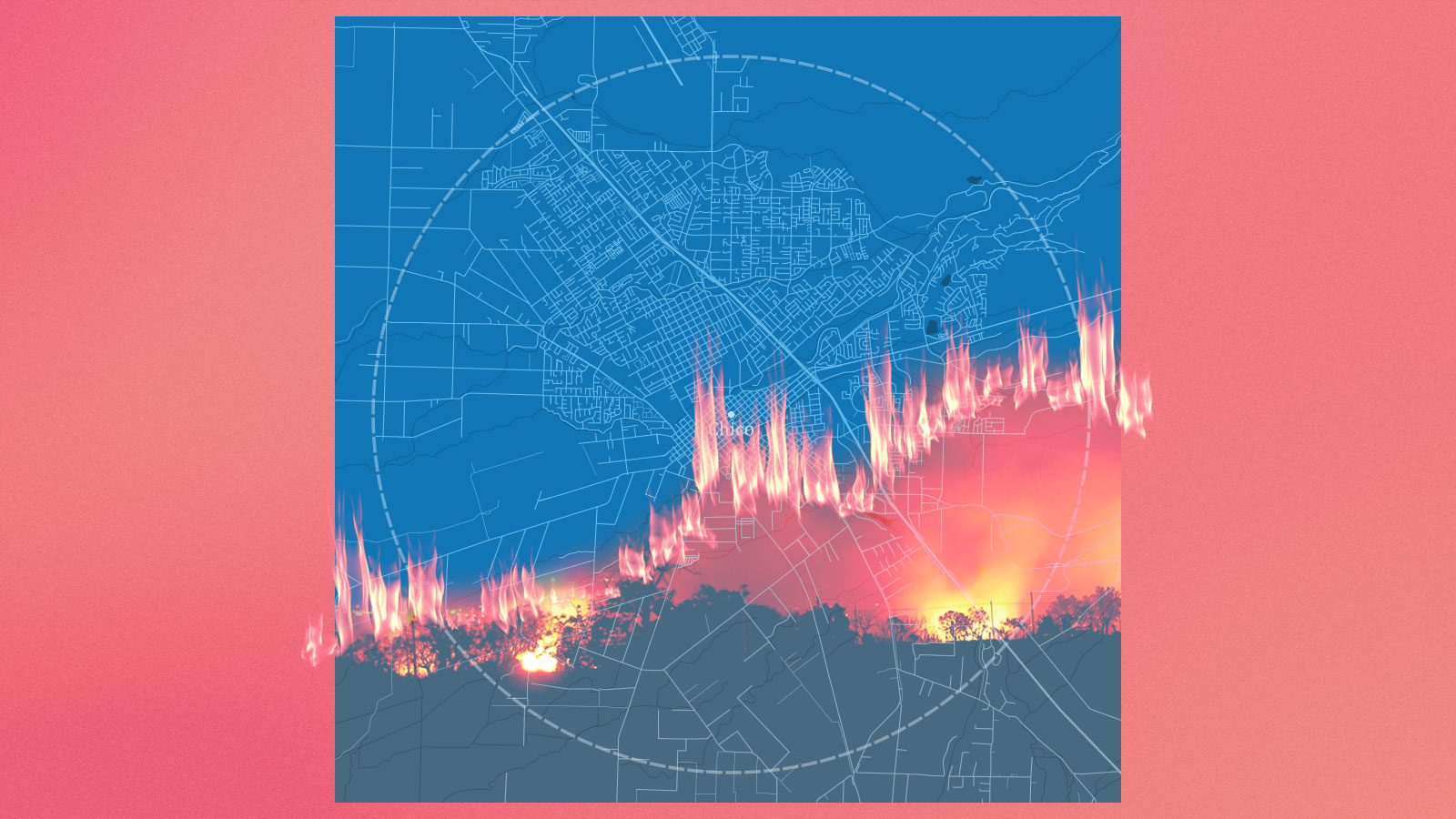 Map of Chico, California, with bottom half covered in a photo of a wildfire and a line of flames bisecting the two images