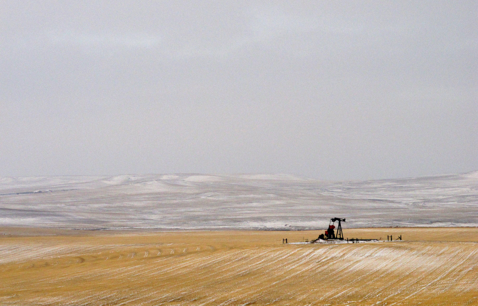 a lone pumpjack stands in the middle of an icy golden plain