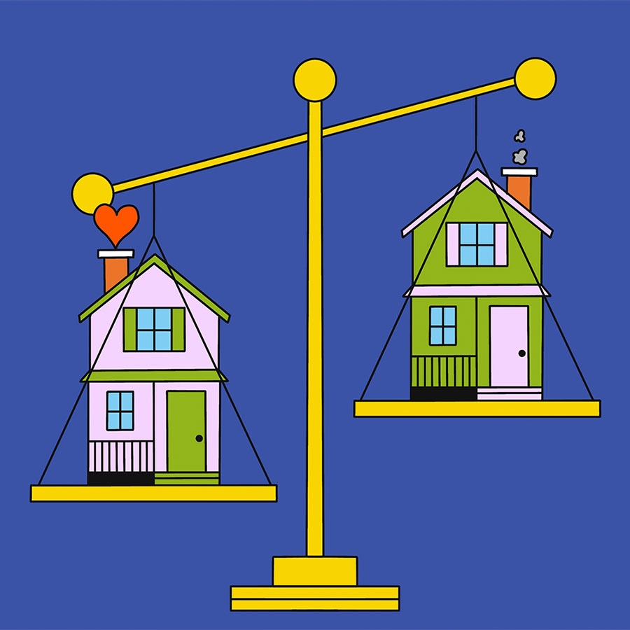 Illustration of a scale balancing two homes, one with smoke coming out of the chimney and the other with a heart