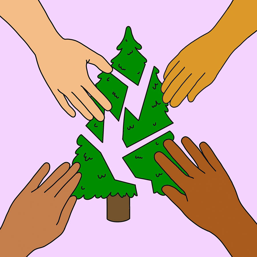 Illustration of four hands piecing together a tree, like a puzzle