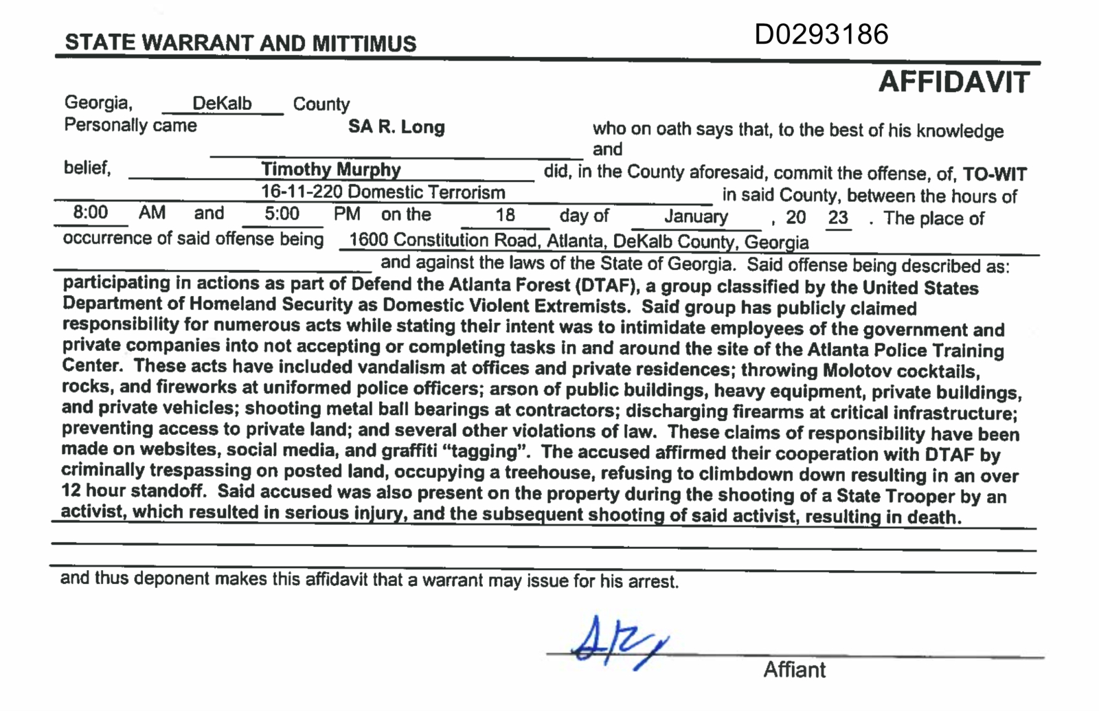 A DeKalb County arrest warrant summarizes the allegation of domestic terrorism against an environmental activist accused of trespassing.