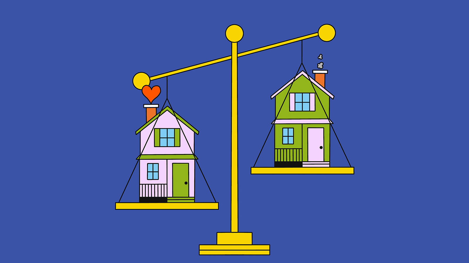 Illustration of a scale balancing two homes, one with smoke coming out of the chimney and the other with a heart