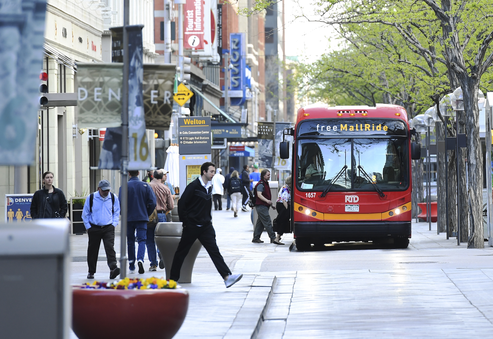 A red electric bus in Denver