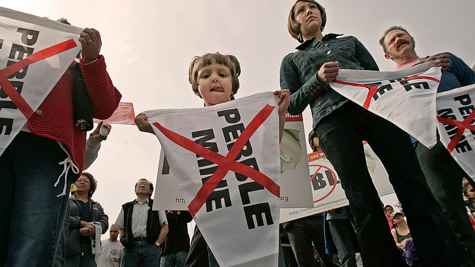 Protestors gather in Dillingham, Alaska for a rally against Pebble Mine in Bristol Bay.