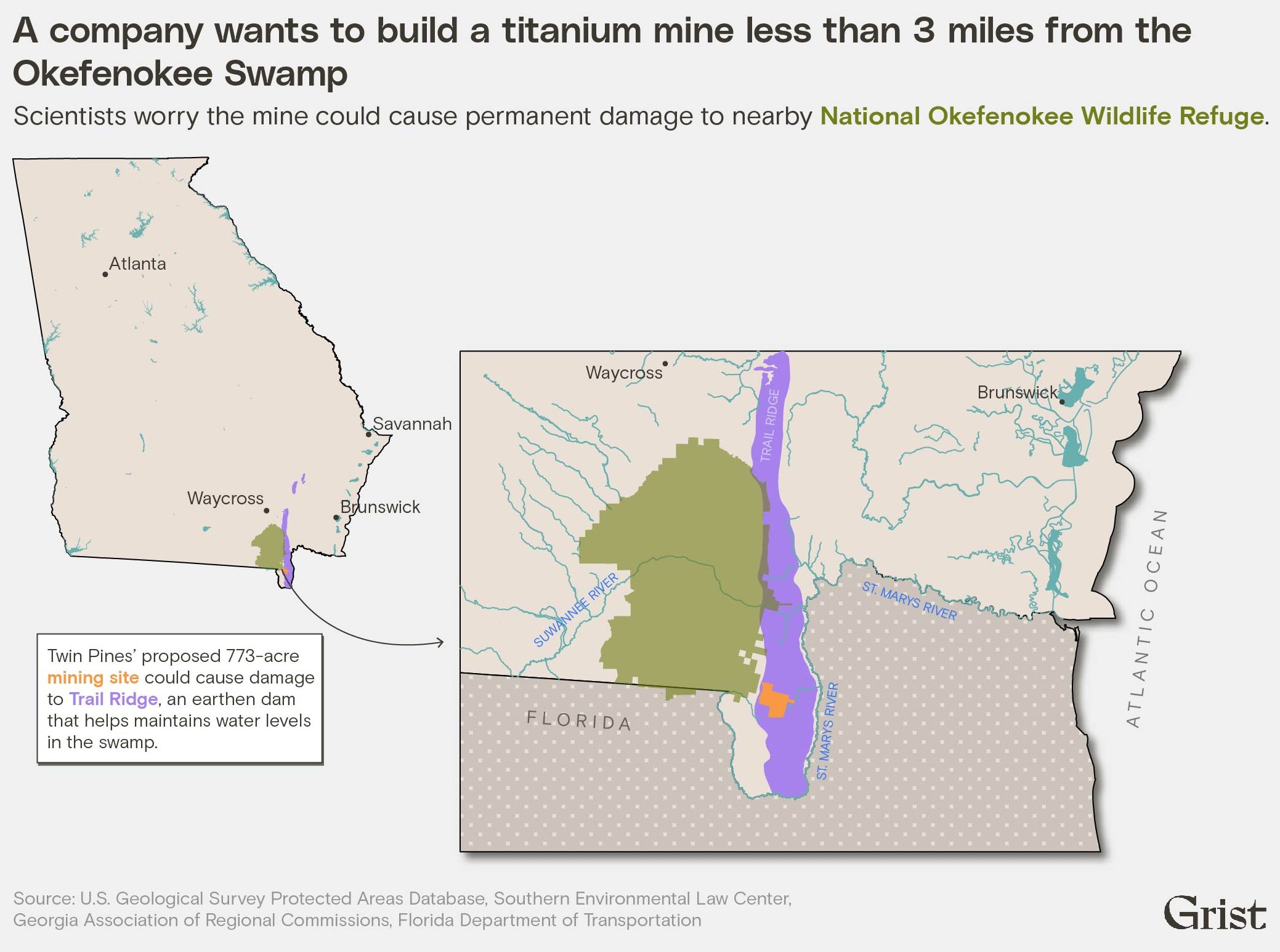 A map of the Okefenokee Swamp shows a proposed mining site less than 3 miles from the national wildlife refuge's border.