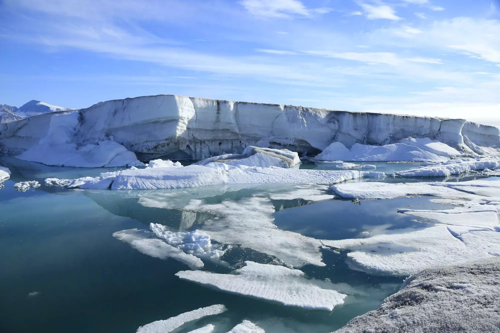 big pieces of ice float in turquoise water near a wall of snow and rock