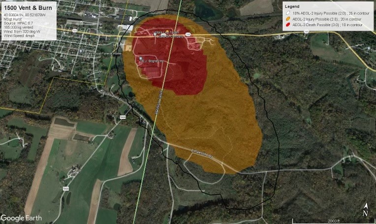 a red and orange blob covers a large swath of land on a map showing the site of the East Palestine derailment