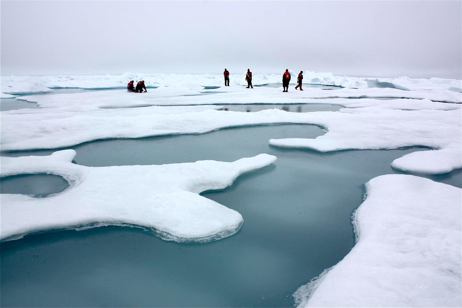 tiny figures in red and black suits stand on ice amongst finger-like melt ponds