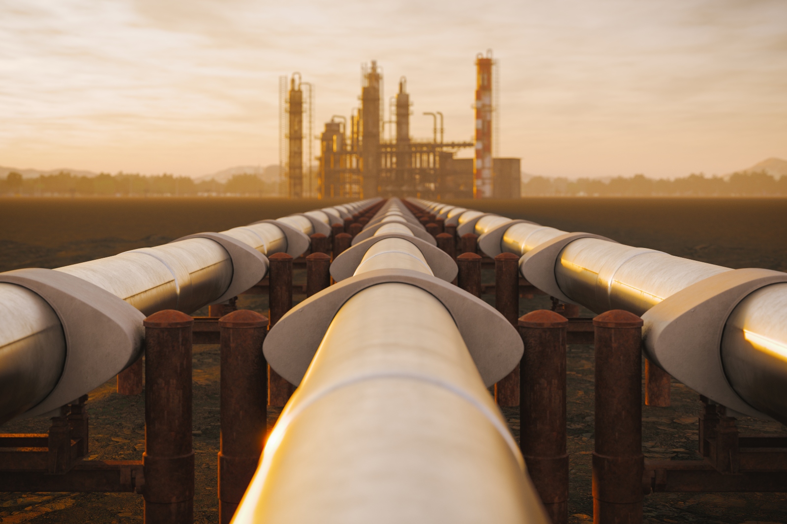 A view of long pipes that feed into an oil refinery in the distance