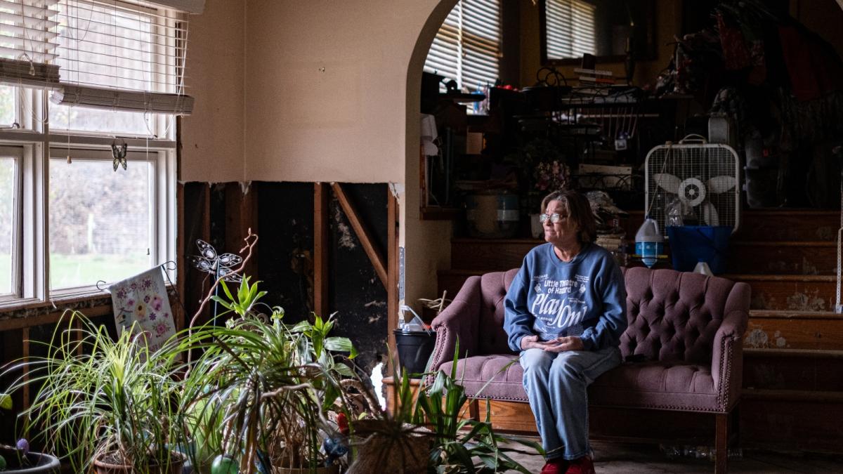 A woman sits on a sofa, looking at a group of plants in her living room.