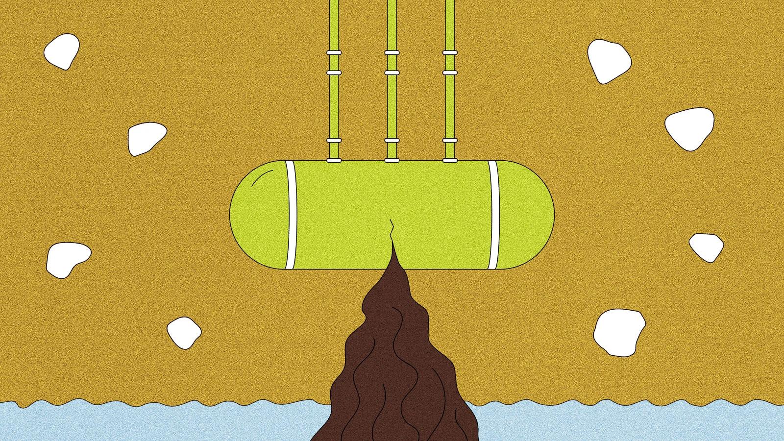 Illustration of leaking tank spilling into groundwater