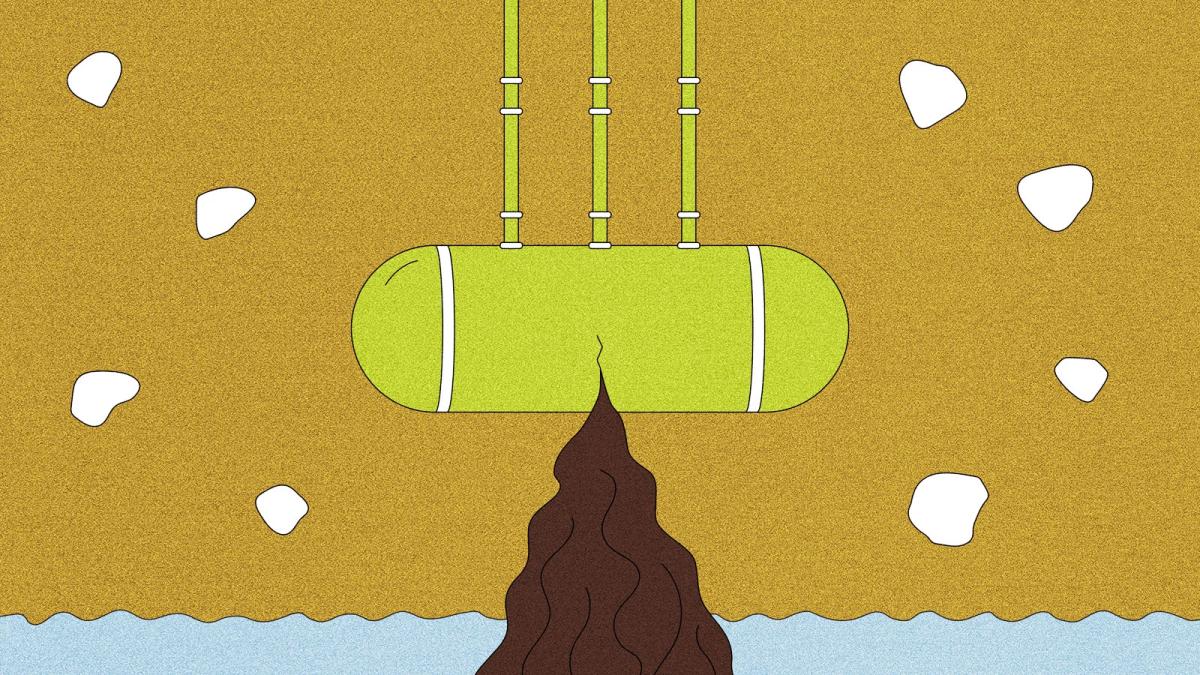 Illustration of leaking tank spilling into groundwater