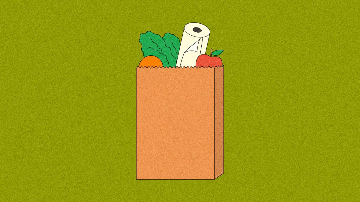 Illustration of grocery bag filled with produce and paper towels