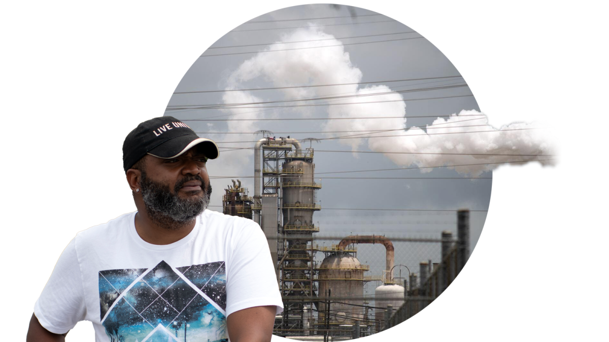 a collage with a man looking out into the distance in front of a refinery with smoke plume