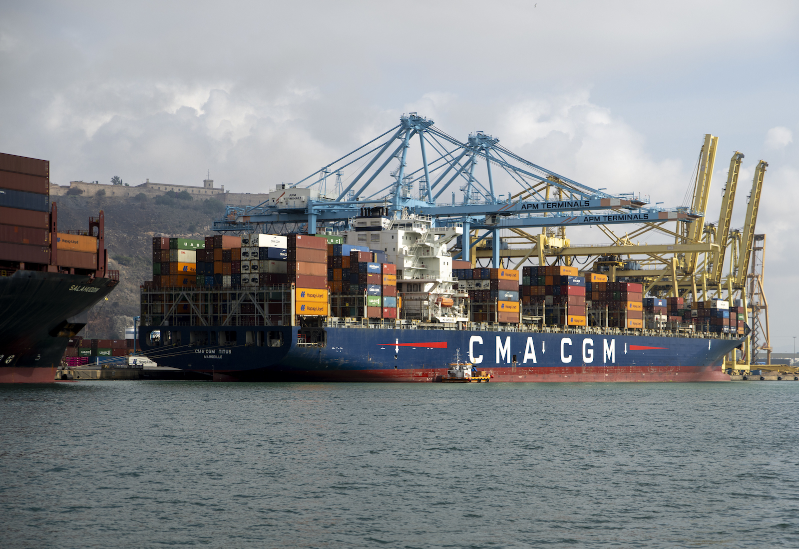 A CMA CGM cargo ship docked.