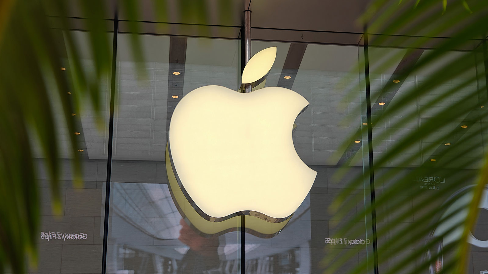 The Apple logo on the window of an Apple store